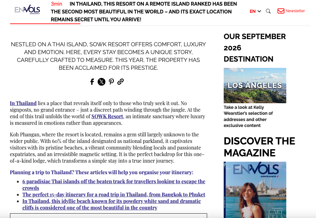Envols Magazine Air France Article on SOWK Resort the second most beautiful resort in the World